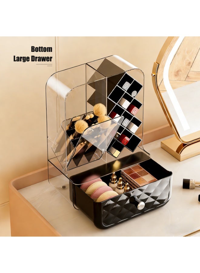 Makeup Organizer with Drawer and Brush Holder, Countertop Tilt Open Design Makeup Brush Holder with Lipstick Holder and Bottom Drawer, Cosmetic Organizer for Vanity Bathroom Countertop Office Home - Image 5